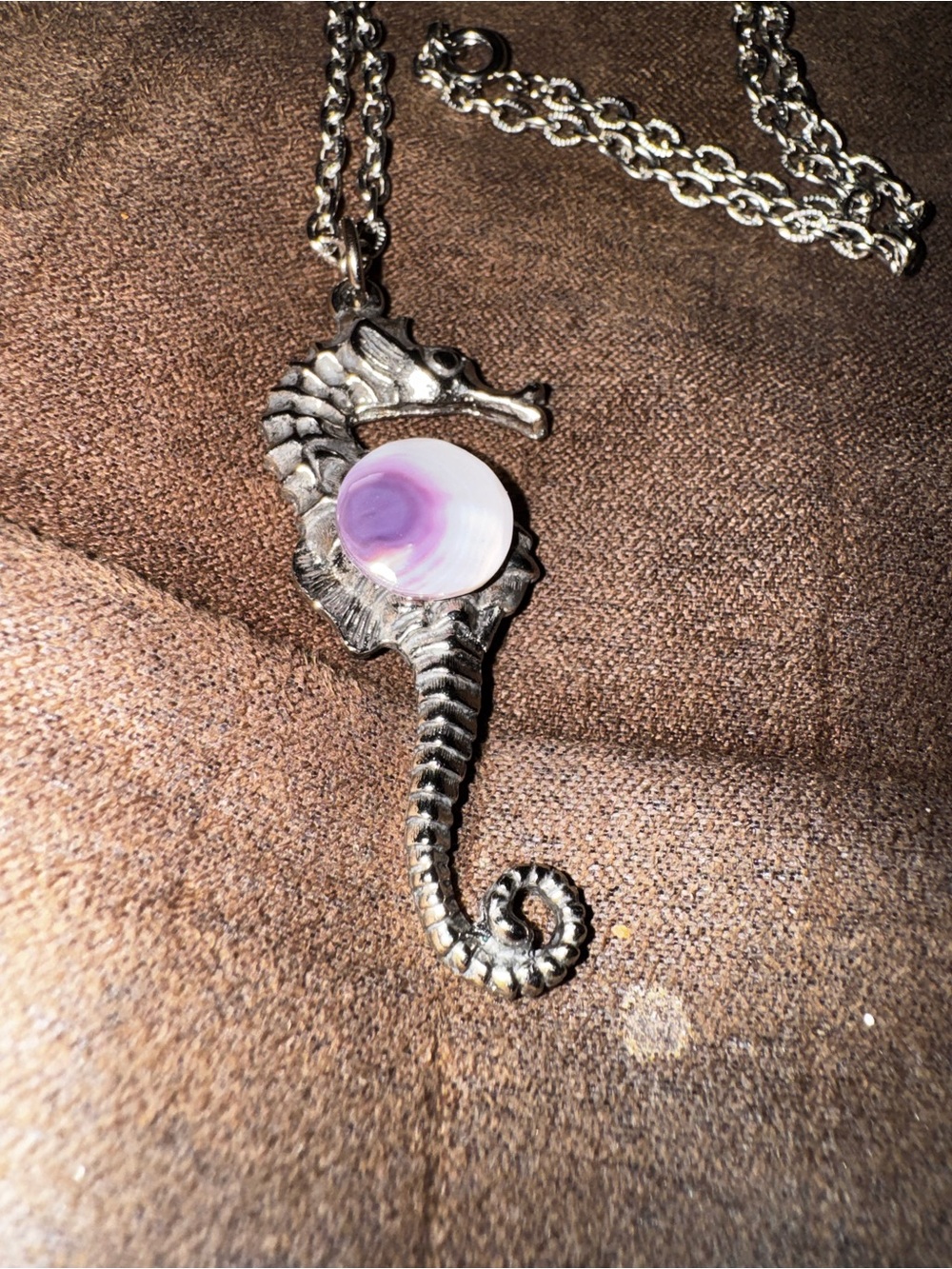 Vintage Seahorse Pendant Necklace with Purple Wampum Shell Accent